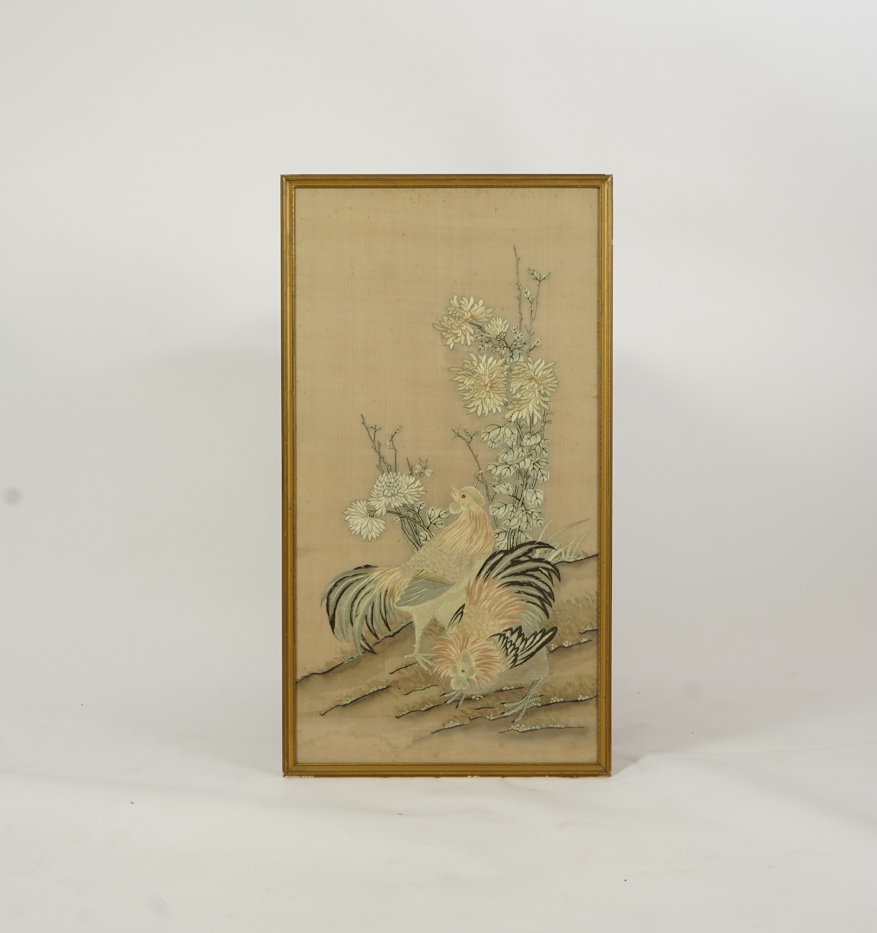 A Chinese embroidered silk 'chicken' panel, late 19th century